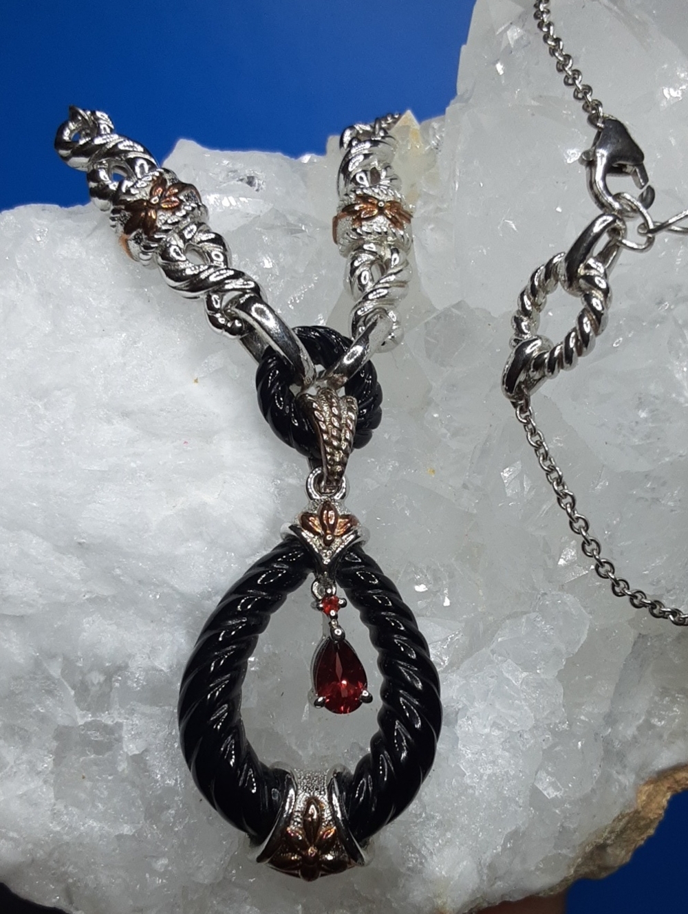 925 Black Onyx, Garnet Necklace.
